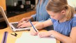 Blonde girl using a protractor