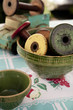 Photo: Vintage ceramic mixing bowls with wooden spools Vintage ceramic mixing bowls with wooden spools