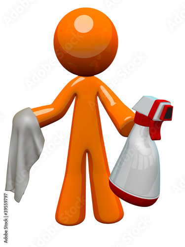 Illustration: Orange Man Sanitation Worker Spray Bottle and Cloth Orange Man Sanitation Worker Spray Bottle and Cloth