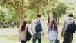 Video: Four friends looking at the camera before turning around and walking away Four friends looking at the camera before turning around and walking away