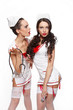 two sexy beautiful brunette doctors in red lingerie