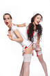 two sexy beautiful brunette doctors in red lingerie