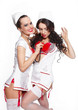 two sexy beautiful brunette doctors in red lingerie