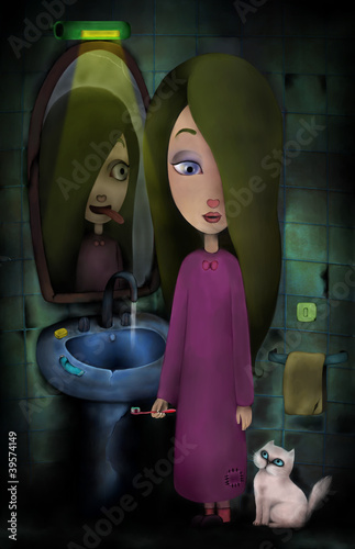 Illustration: poor girl with cat and funny mirror poor girl with cat and funny mirror