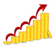 Stacks of Gold Coins with Red Arrow