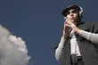 Portrait of teenage boy listening to music with headphones
