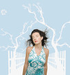 Woman posing against man made background