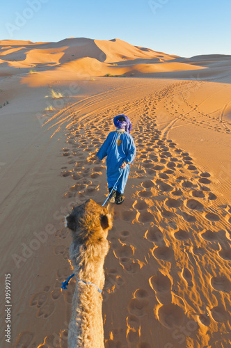 Foto: Berber walking with camel at Erg Chebbi, Morocco Berber walking with camel at Erg Chebbi, Morocco