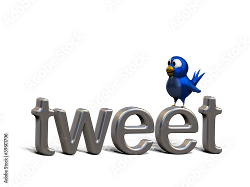 Illustration: Blue twittering bird standing on the word tweet Blue twittering bird standing on the word tweet