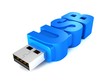 blue usb flash memory drive with text letters