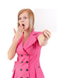 Photo: Young woman pointing at blank card in her hand Young woman pointing at blank card in her hand
