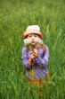 little girl looking through the dandelions