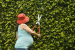 Pregnant woman using hedge clippers