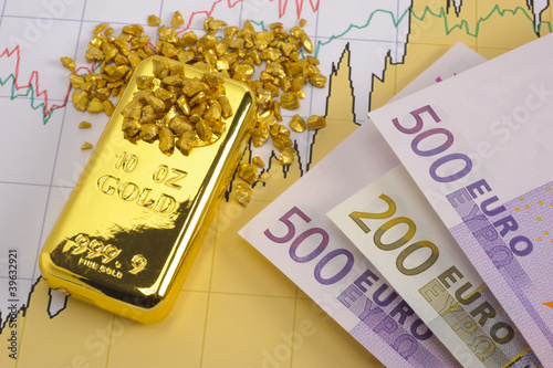 Photo: gold bar, nuggets and euro gold bar, nuggets and euro