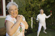 Senior male fencer with pearls at end of epee for senior woman
