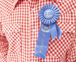 Close up of blue ribbon on man's shirt