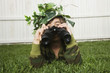Mixed Race boy looking through binoculars