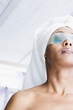 African American woman wearing gel eye mask
