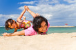 Asian mother and child fun play at the beach Asian mother and child fun play at the beach