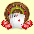 Illustration of casino roulette wheel with cards and dice.