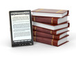 E-book reader and  stack of books. 3d