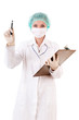 Careful doctor with pen medical report