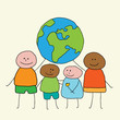 Four happy, smiling people with different skin colors carry the