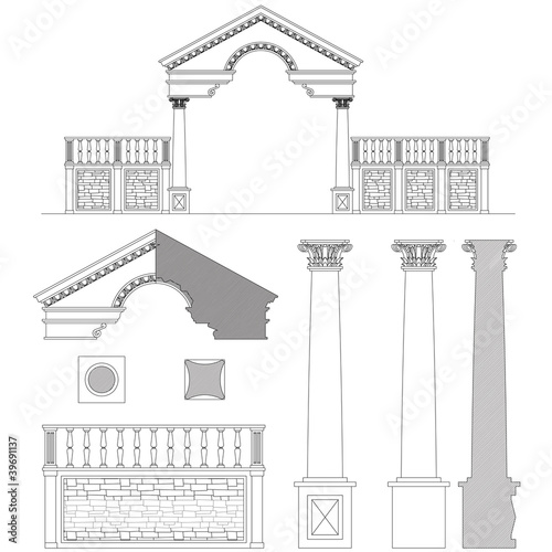 Vector: Ionic column, gate and fence set Ionic column, gate and fence set
