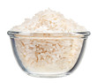Polished long rice heap in small glass bowl, isolated on white