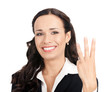 Businesswoman showing three fingers, on white