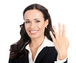 Businesswoman showing four fingers, on white Businesswoman showing four fingers, on white