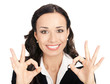 Businesswoman with okay gesture, on white