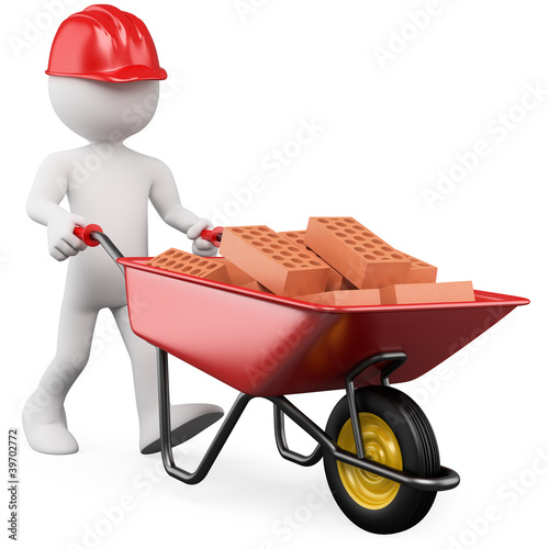 Illustration: 3D worker pushing a wheelbarrow with bricks 3D worker pushing a wheelbarrow with bricks
