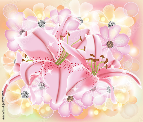 Vector: shining composition with lilies and cosmos shining composition with lilies and cosmos