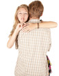 Photo: hugging young couple, girl keeping silence hugging young couple, girl keeping silence