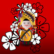 Chinese minority doll in yellow on a floral red background