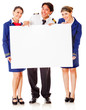 flight attendants and pilot with banner