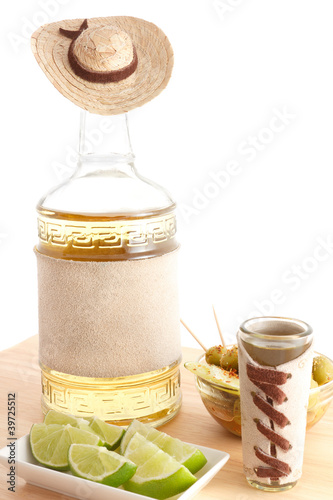 Photo: Tequila Bottle sombrero leather label and caballito Tequila Bottle sombrero leather label and caballito