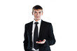 portrait of a young manager for motor with a small red toy car