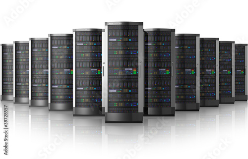 Illustration: Row of network servers in data center Row of network servers in data center