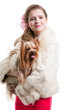 girl in red with yorkshire terrier on isolated white girl in red with yorkshire terrier on isolated white