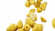 Pears flow with slow motion over white