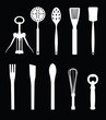 Kitchen equipments on black background