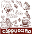 coffee, cappuccino, late and sweets. handwriting