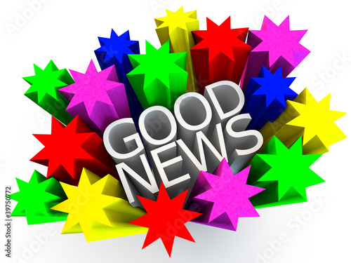 Illustration: Good News, surrounded by colorful stars over white background Good News, surrounded by colorful stars over white background