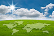 Illustration: World map on grass field and blue sky. World map on grass field and blue sky.