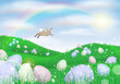 easter bunny in field of eggs