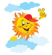 Smiling sun cartoon with clouds on white background