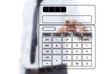 businessman pushing calculator on the white board.