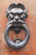 Old wooden main door demonic knocker detail, Rome, Italy